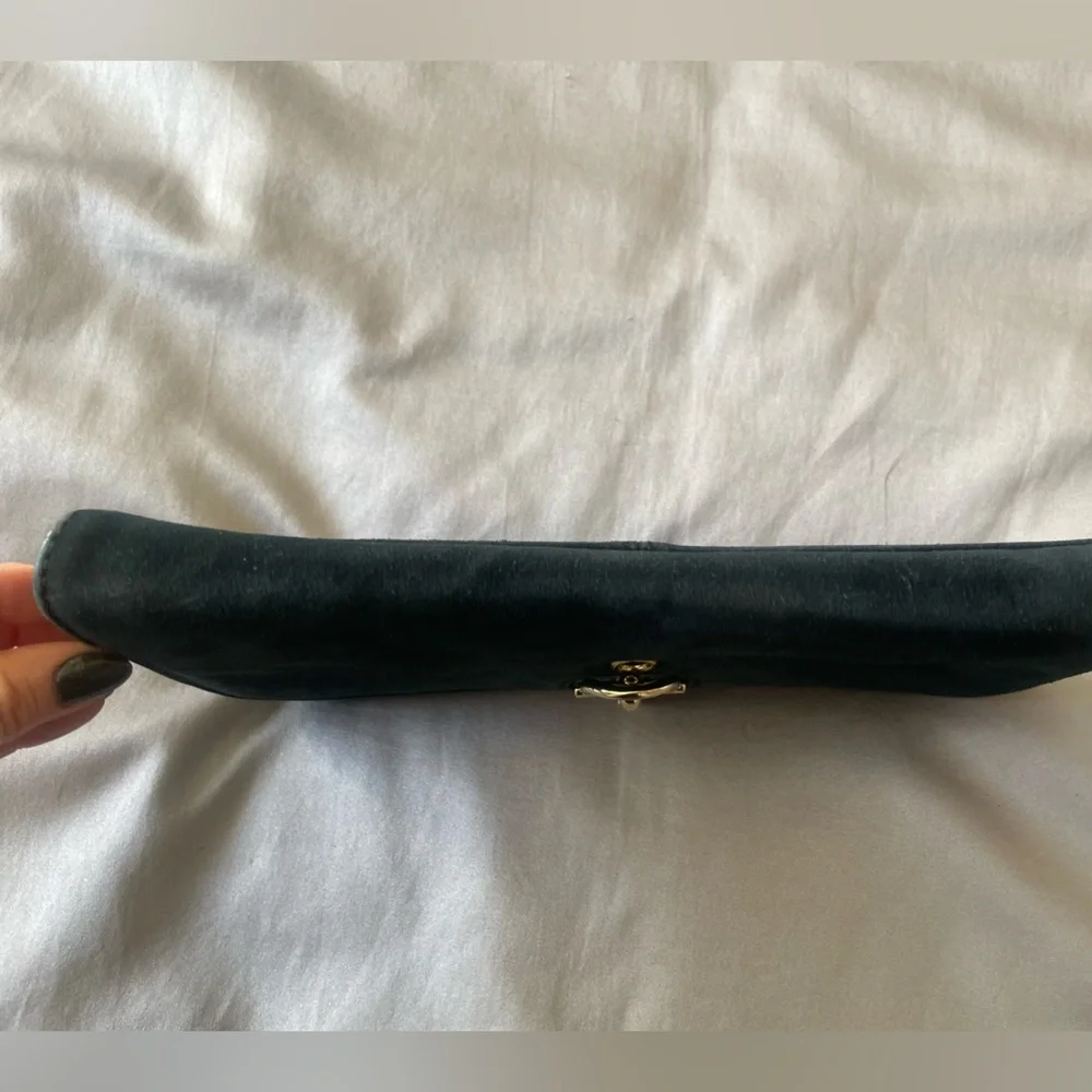 Talbots Black Genuine Suede Horsebit Clutch Handbag Purse Gold Clasp Classic Bag